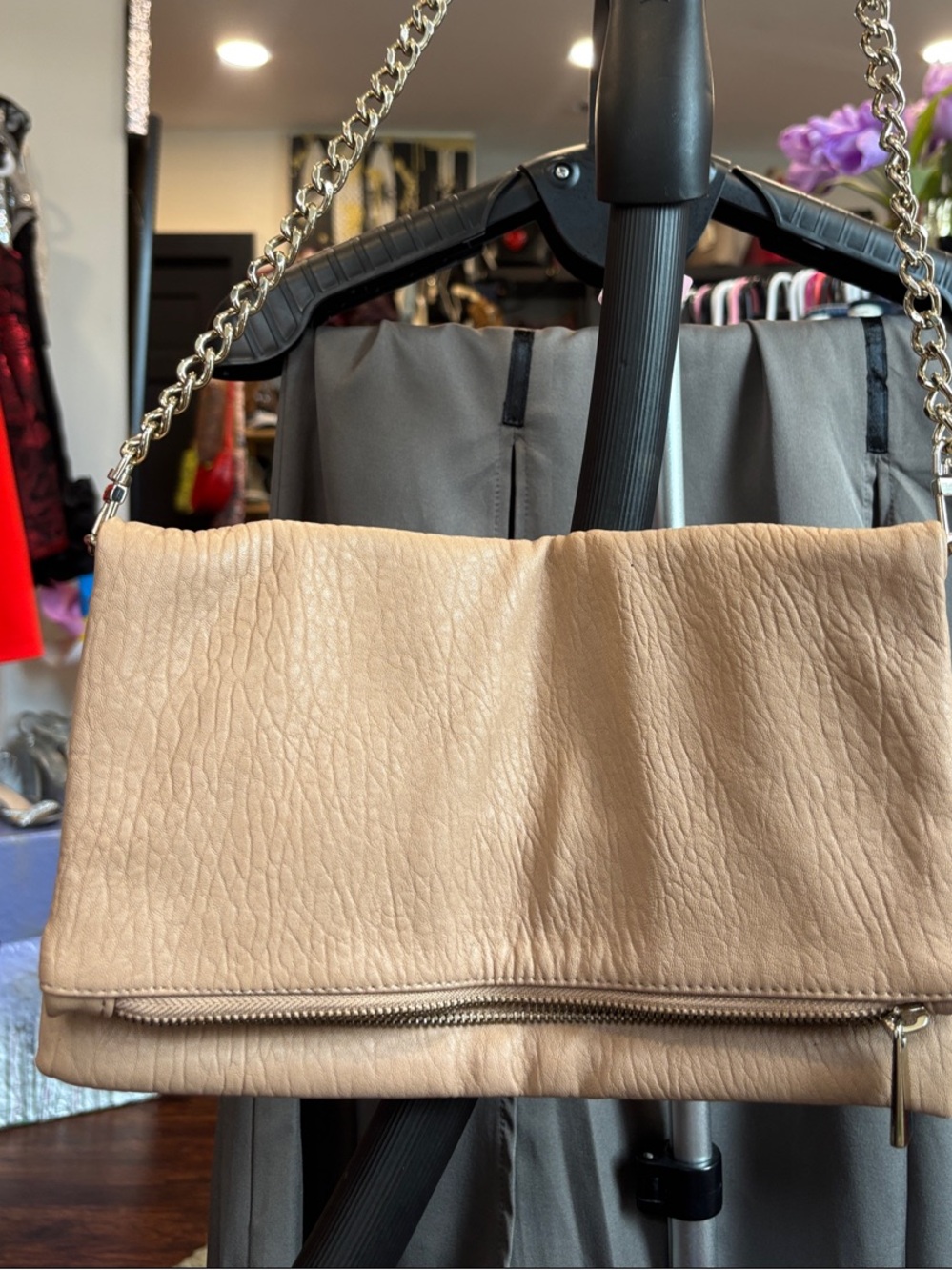 Express Beige Leather Fold-Over Clutch with Gold Chain